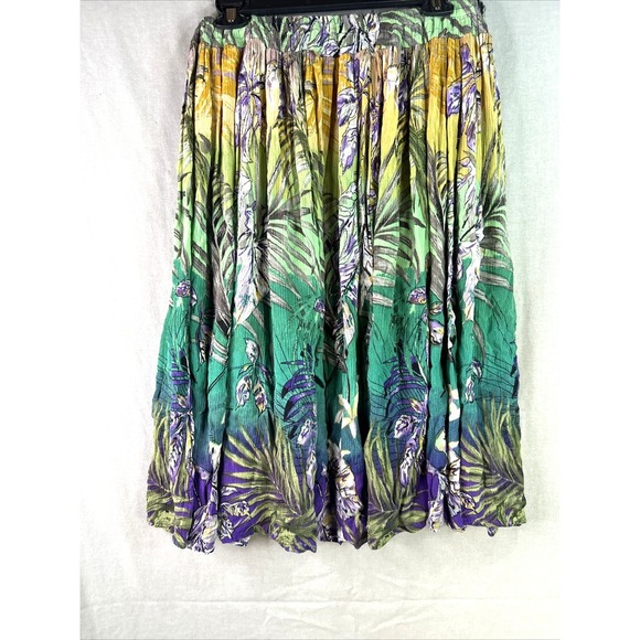 Vintage Skirt Pleated Retro Sz Large Artsy Midi Purple Green Boho Hippie Safari - Picture 9 of 12